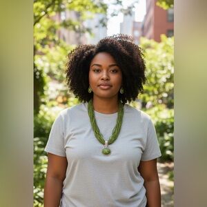 Vintage Green Seed bead oval Pendant Necklace with Earrings